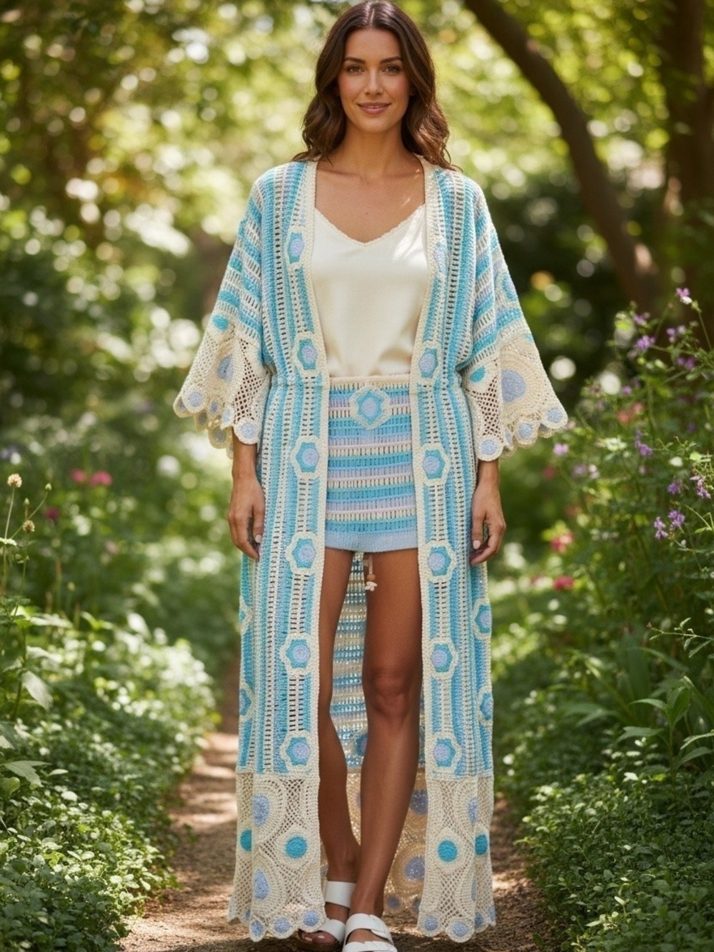 POL Crochet Duster  - Blue and Cream
